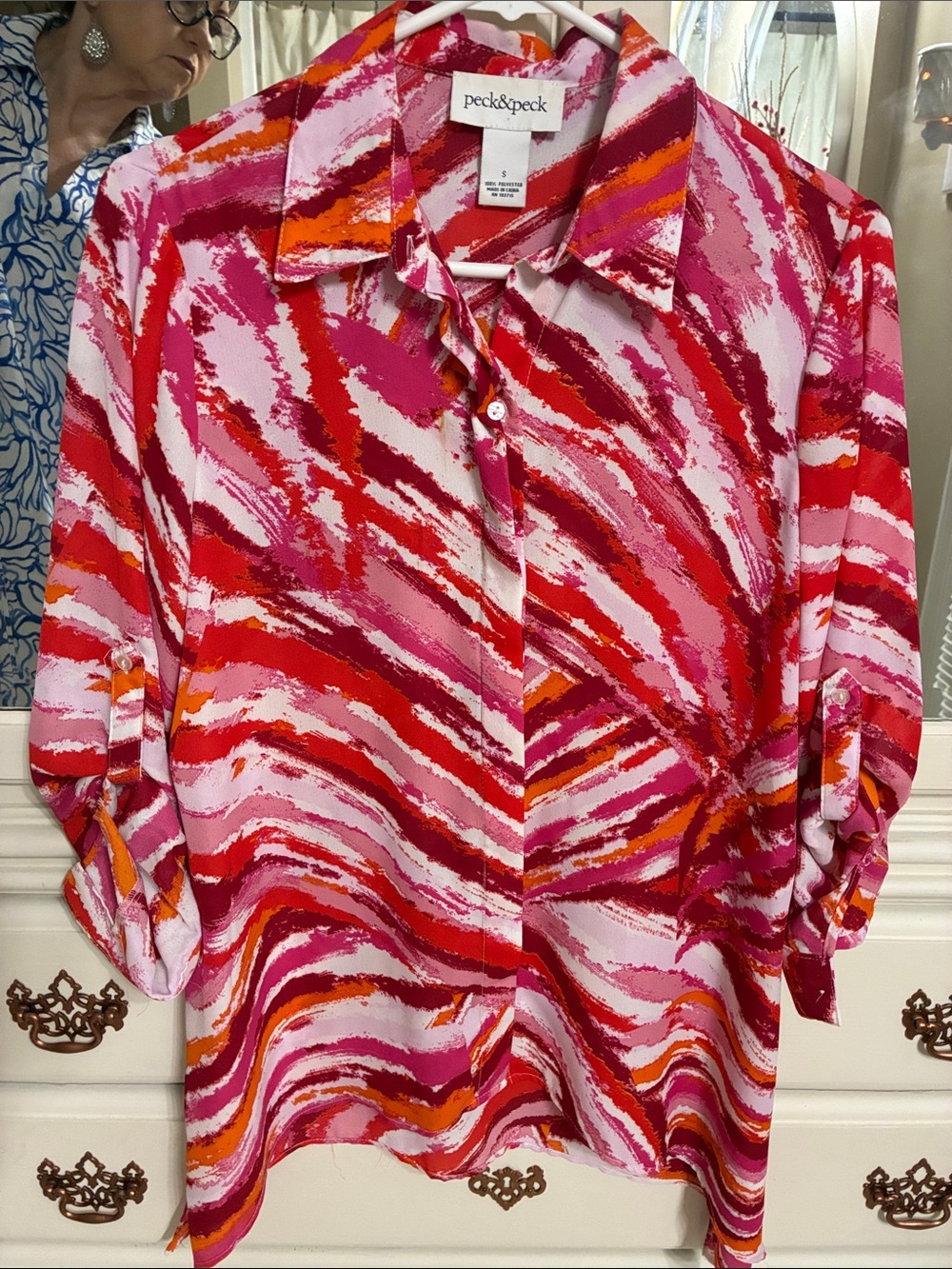 Peck & Peck Pink Red Multi-Stripe Button-Down Blouse
